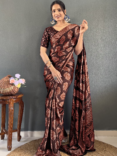 1 Minute Quick Wear Brown Soft Moss Silk Stitched Ready-Made Saree - Perfect for Weddings, Parties & Festive Occasions