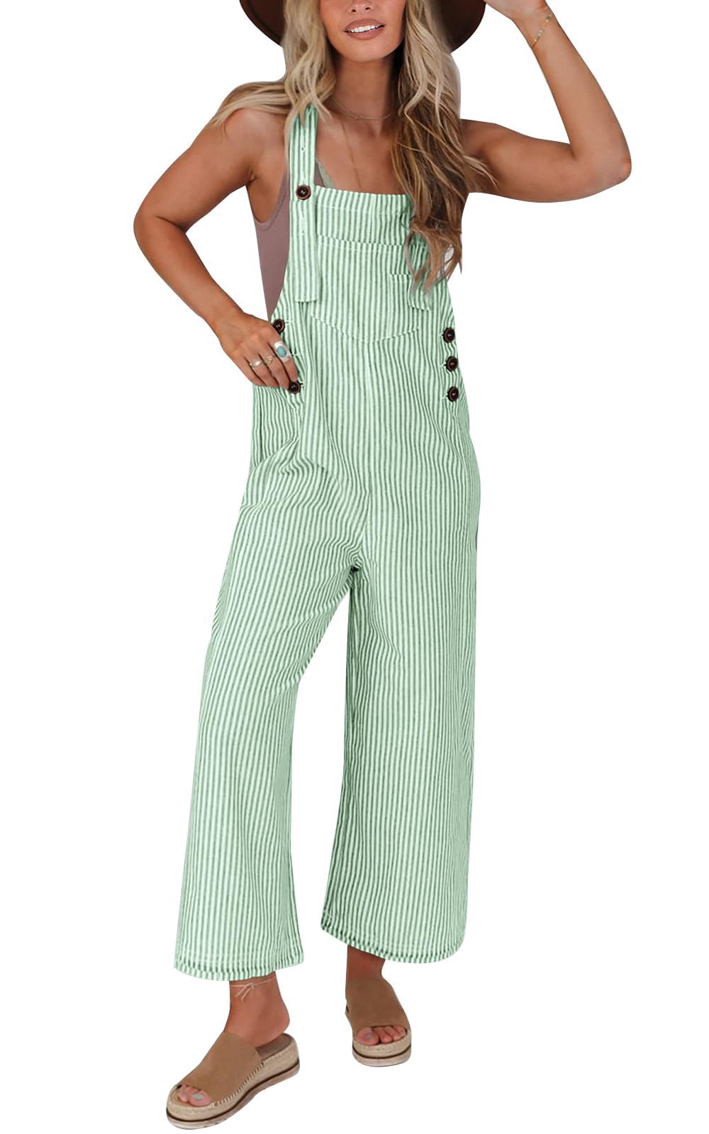 PRETTYGARDEN Women's Sleeveless Wide Leg Jumpsuit - 2025 Summer Casual Button Front Striped Romper | Trendy Outfit for Beach, Vacation & Street Style