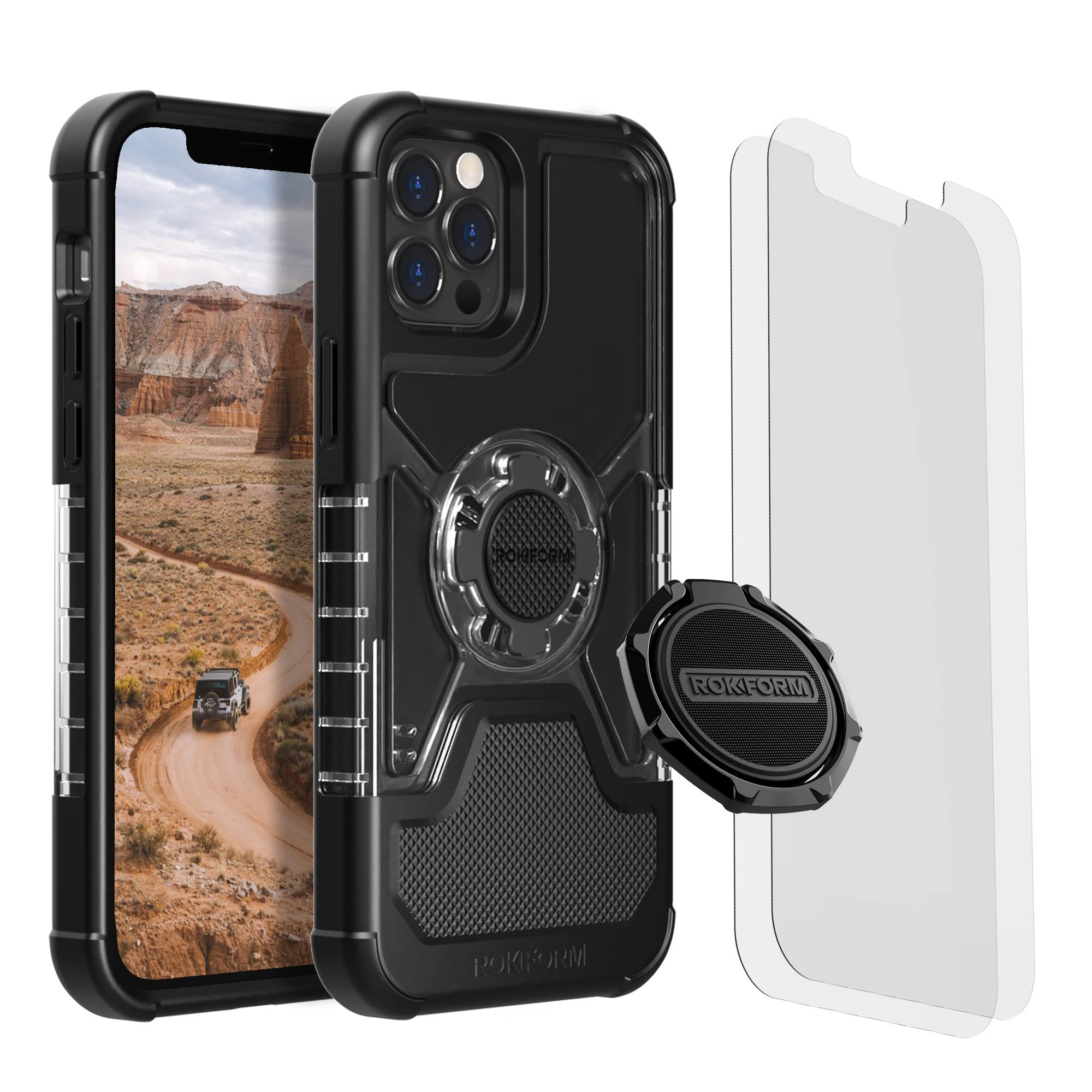 Rokform iPhone 12 Pro Max Crystal Case with Magnetic Sport Ring Stand & Grip + 2-Pack Screen Protector Kit - Durable Protection for Everyday Use and Active Lifestyles