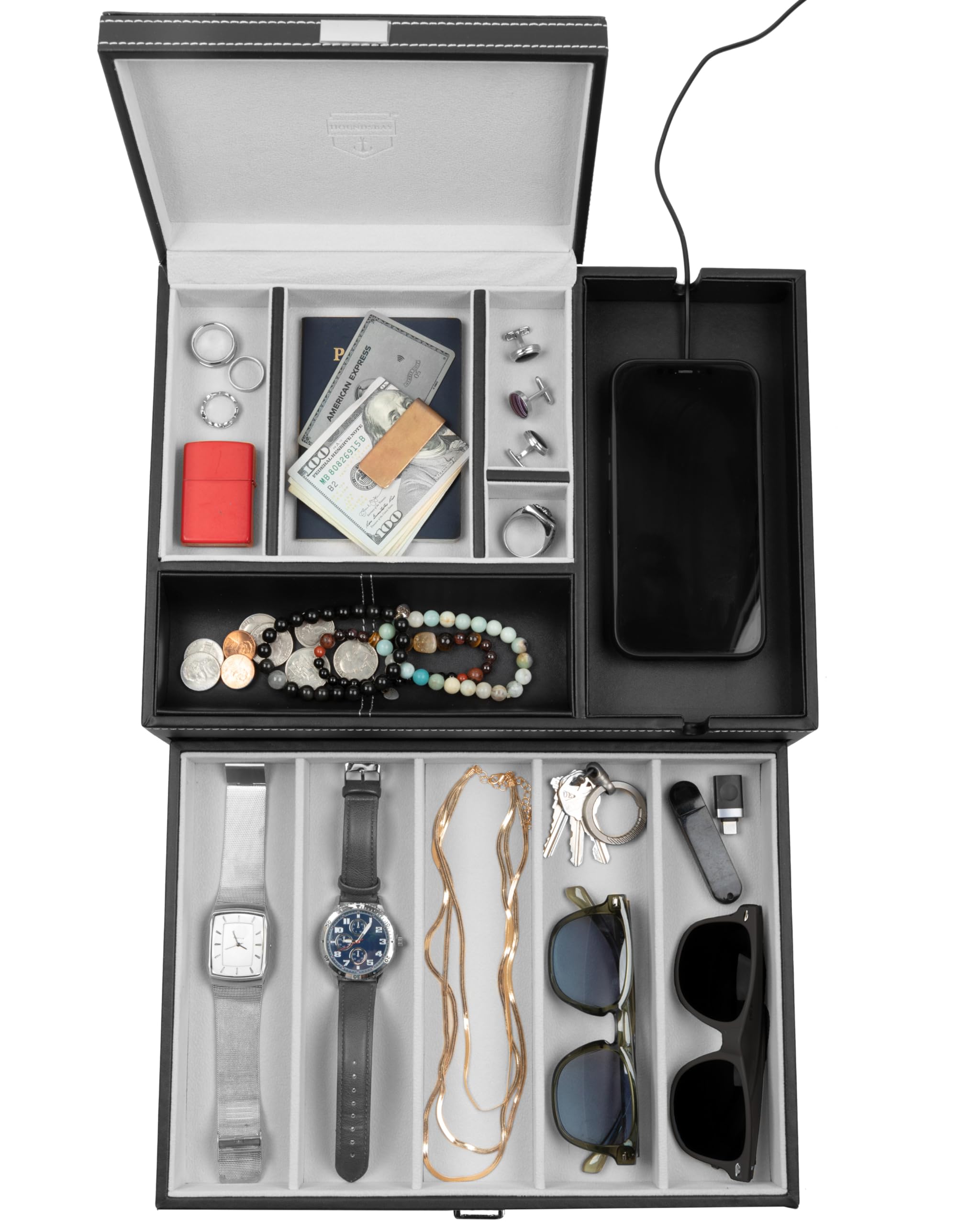 Men's Jewelry Box Organizer & Valet Tray - Wooden Watch Holder Case for Necklaces, Rings, Keys - Nightstand & Dresser Storage Solution for Home, Office, Travel Gifts