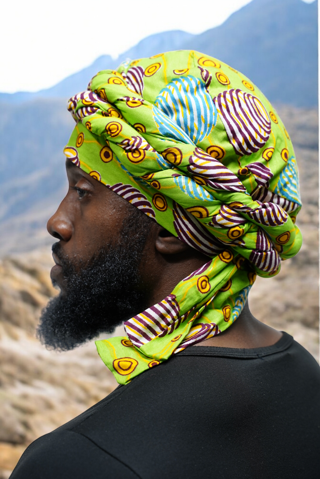 Dupsie's Green Afua Pre-Wrapped African Print Turban DPH3843PT - Stylish Headwrap for Women, Perfect for Church, Parties, and Cultural Events