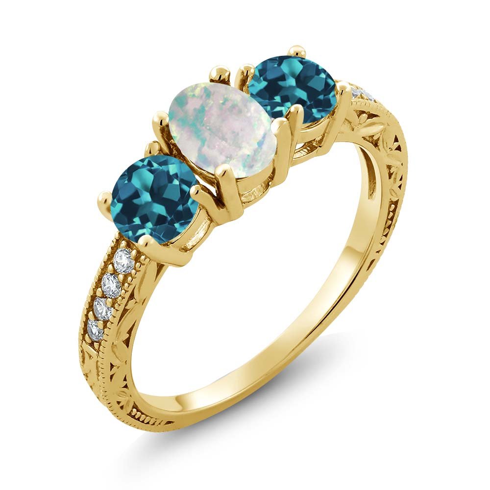 1.75 Ct Oval White Simulated Opal & London Blue Topaz Ring - 18K Gold Plated Sterling Silver Jewelry for Women, Gift for Anniversary, Birthday, Wedding