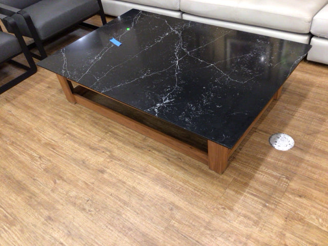 Modern Large Black Marble Top Coffee Table with Solid Wood Base - Perfect for Living Room, Lounge & Office Decor