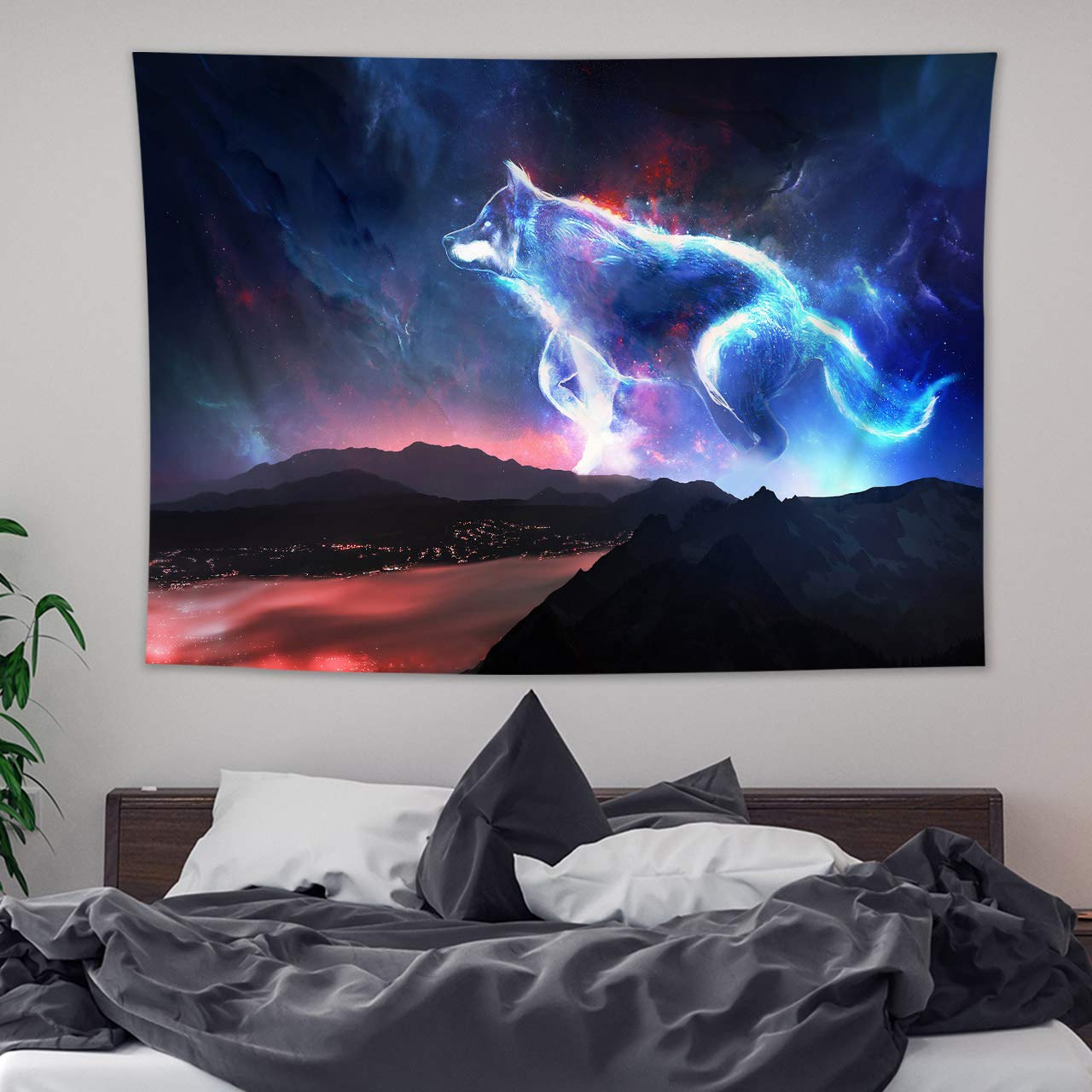 HVEST Trippy Space Wolf Tapestry - Hippie Wolf Running in Starry Sky with Abstract Mountains - 59x51 Inches Wall Hanging for Bedroom, Living Room, Teen Dorm, Indie Decor, Festival, Yoga Studio, Meditation Room