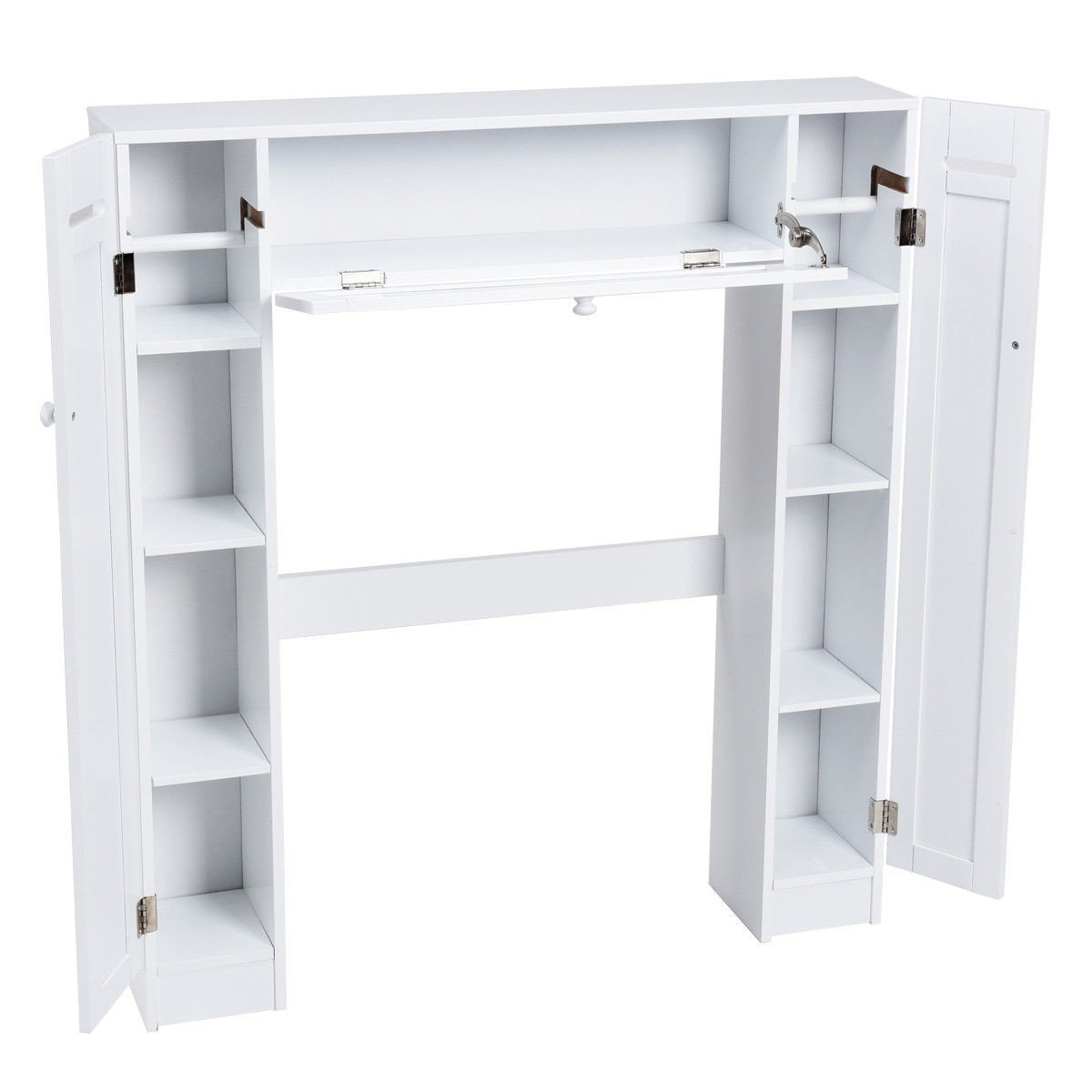 White Over The Toilet Storage Cabinet - Wooden Free Standing Bathroom Organizer with Drop Door & Toilet Paper Holder | Space Saving Solution for Small Bathrooms & Powder Rooms
