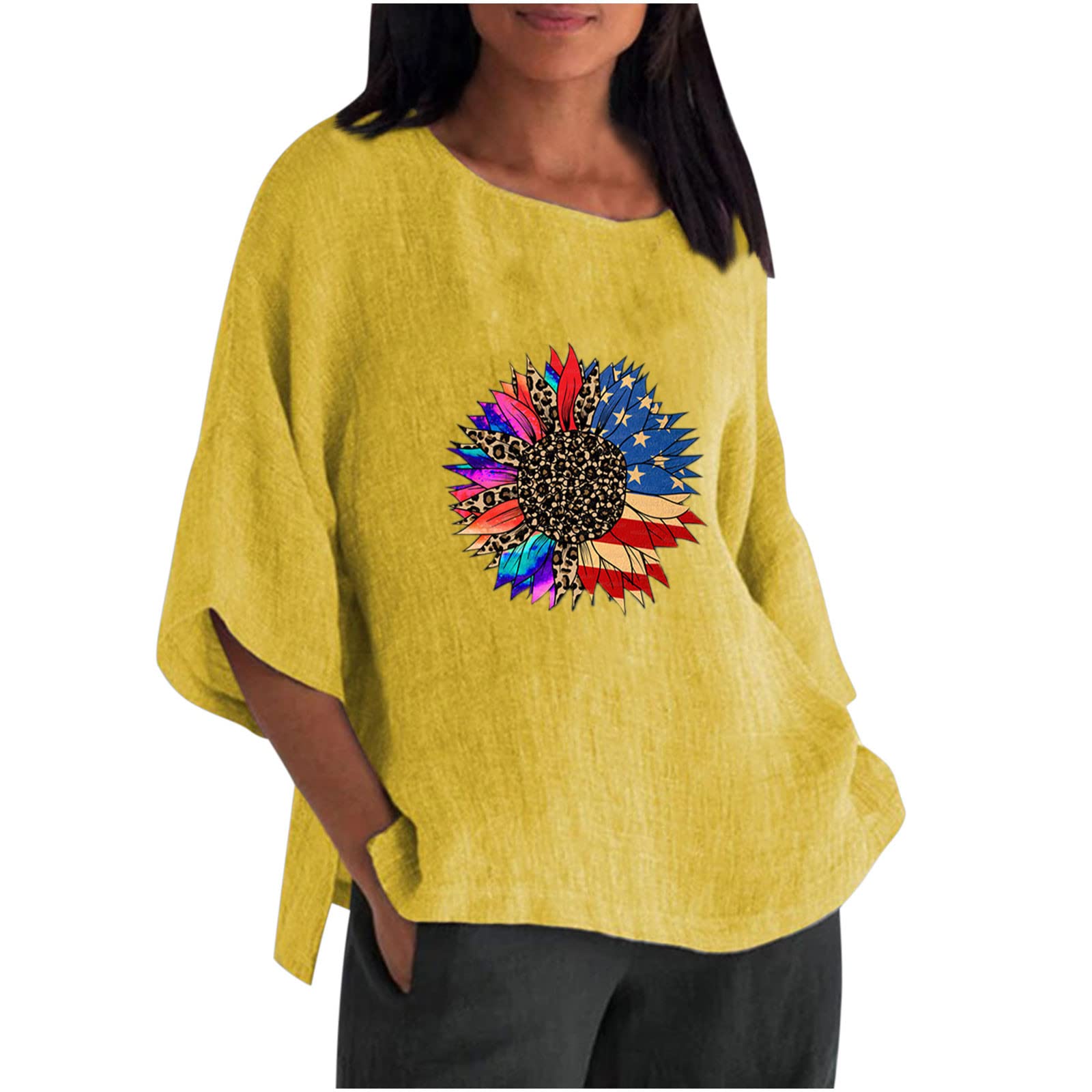 Women's Cotton Linen Blouse - 3/4 Sleeve Round Neck Tunic Top | Summer Casual Loose Fit Plus Size Shirt | Perfect for Office Wear, Beach Outings & Everyday Comfort