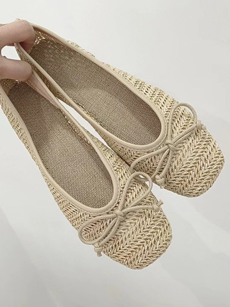 Lovevop Women's Comfortable Straw Bow Ballet Flats - Breathable & Lightweight for Casual Wear, Work, and Summer Outfits