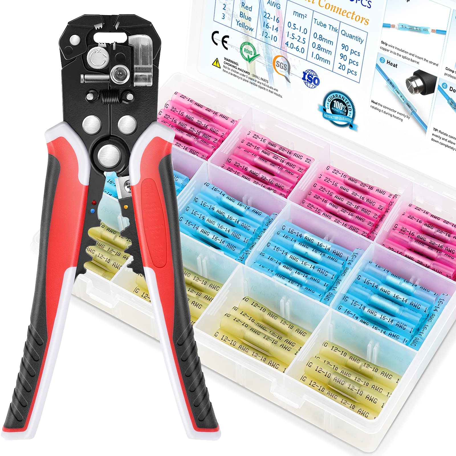 200pcs Heat Shrink Butt Connectors Kit with Automatic Wire Stripper Tool - Waterproof Electrical Wire Connectors for Automotive, Marine & Home Wiring Repairs
