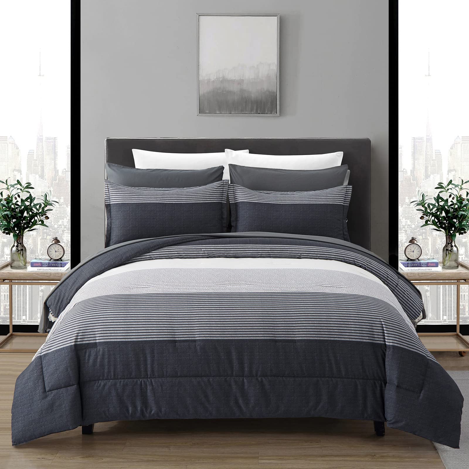 Dark Grey Queen Comforter Set - 7 Piece Stripe Bedding Set with Comforter, Pillow Shams, Flat Sheet, Fitted Sheet & Pillowcases | Soft & Cozy for All Seasons | Perfect for Master Bedroom, Guest Room & Dorm Decor