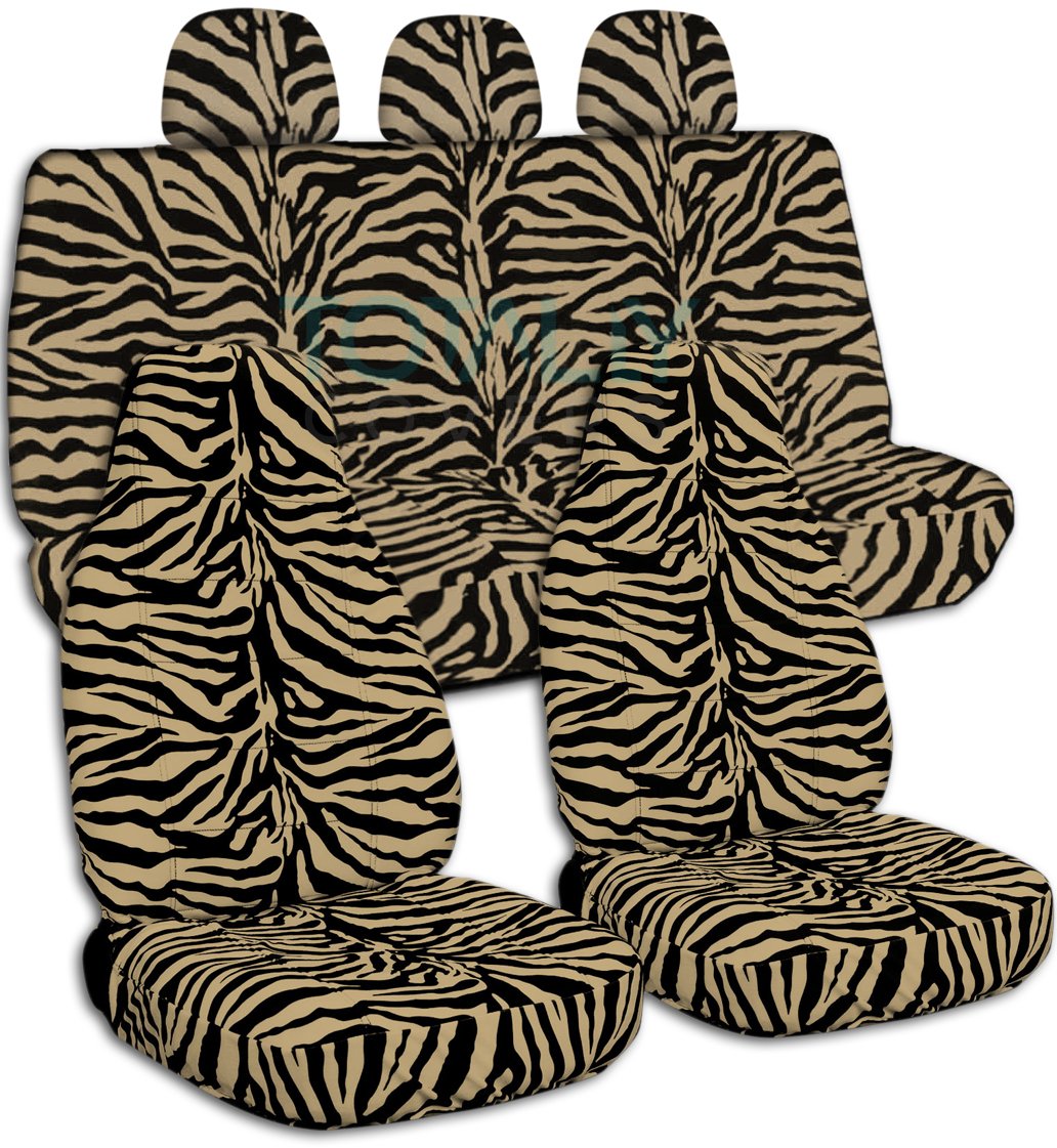 Animal Print Car Seat Covers Full Set with 3 Rear Headrest Covers - Tan Zebra Pattern, Semi-Custom Fit for Cars, Trucks, Vans, RVs & SUVs (30 Styles Available) - Perfect for Road Trips, Daily Commutes & Vehicle Protection