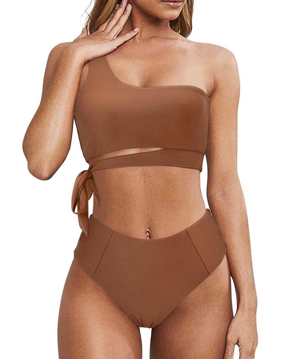 MOOSLOVER Women's Sexy One Shoulder High Waisted Bikini Set - Tie Side High Cut Two Piece Swimwear for Beach Vacation & Pool Party | Summer Swimsuits for Women