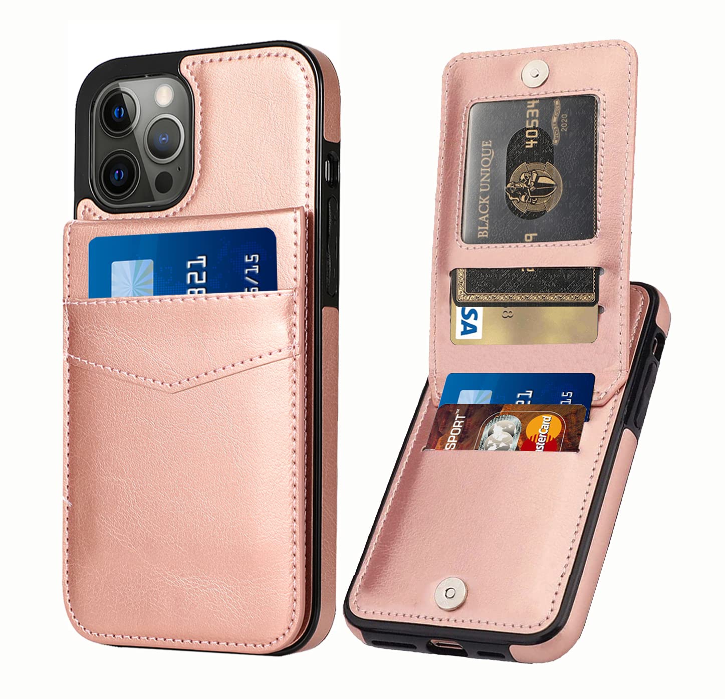 Premium Genuine Leather Wallet Case for iPhone 12 & iPhone 12 Pro - Slim Protective Cover with RFID Blocking Credit Card Slots (6.1 Inch, Rose Gold) | Perfect for Everyday Use, Travel & Business Meetings