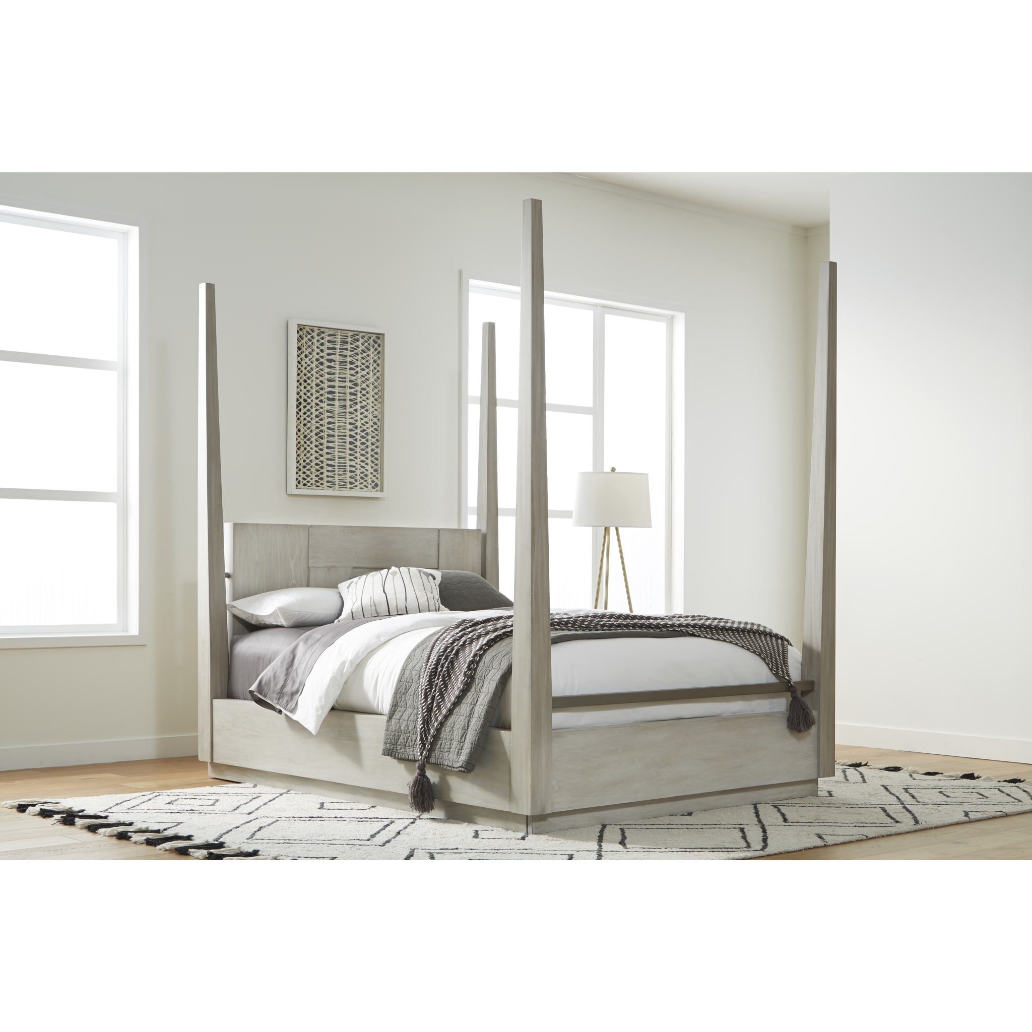 Stylish Cotton Grey Wood Poster Bed - Modern Farmhouse Bedroom Furniture for Cozy Home Decor