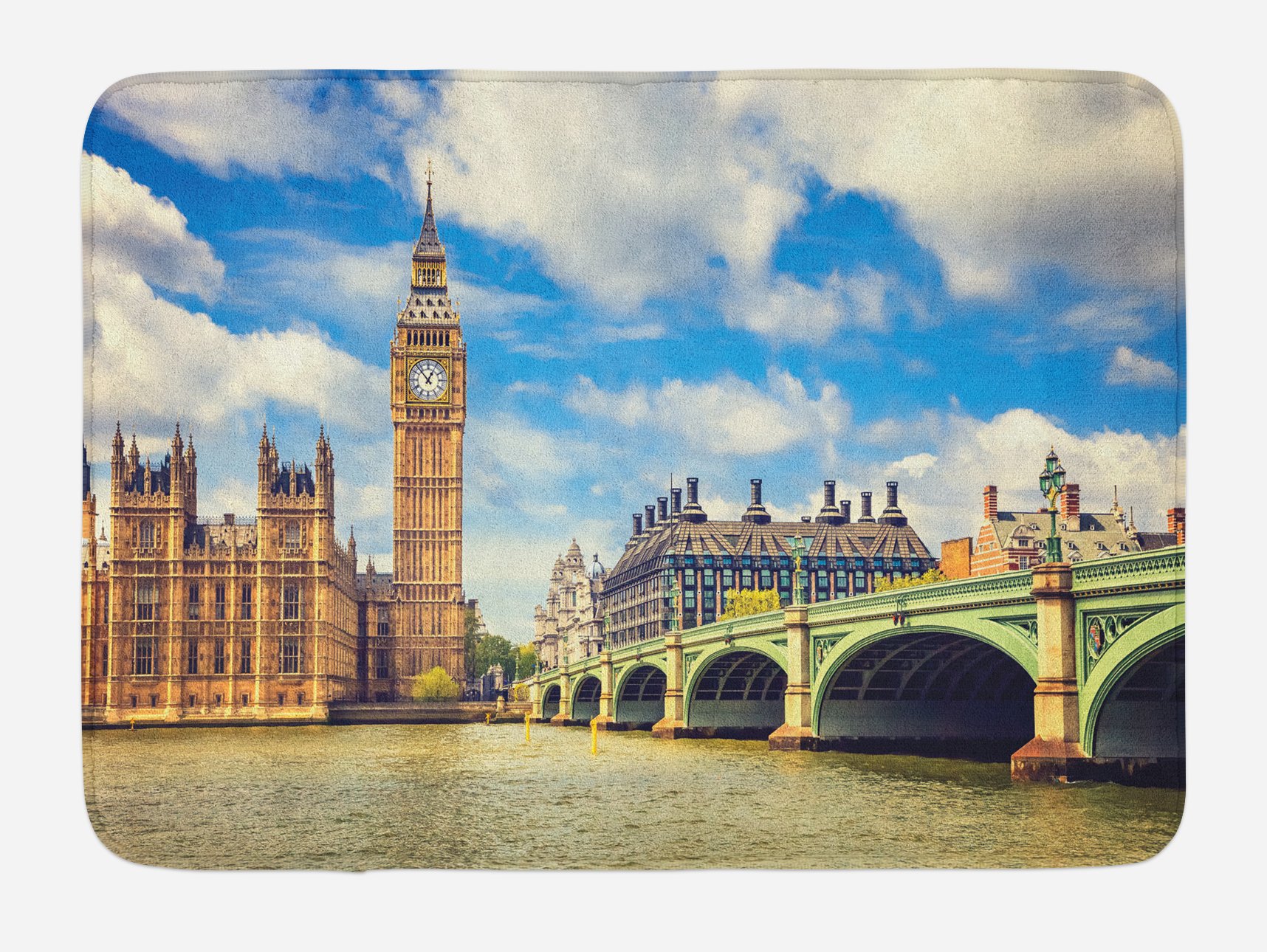 Lunarable London Themed Bath Mat - Big Ben Clock Tower & Westminster Bridge Spring Cloudy Day Design, Non-Slip Plush Bathroom Rug, 30.2 x 20 Inches, Pale Green & Brown - Perfect for UK Themed Bathroom Decor & Gift Ideas