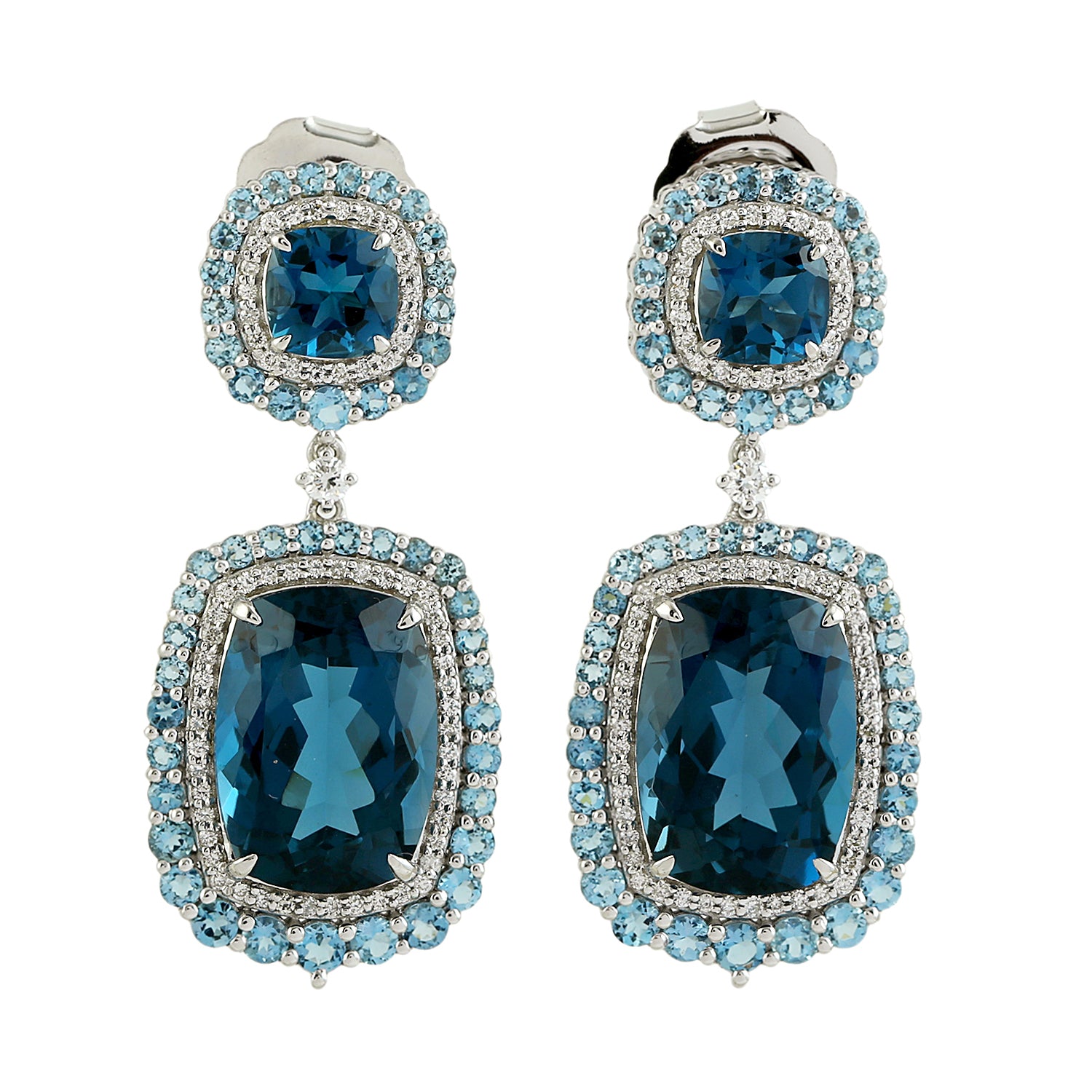 Exquisite London Topaz Prong Set Aquamarine Pave Diamond Dangle Earrings in 14K White Gold | Elegant Jewelry for Weddings, Parties & Special Occasions