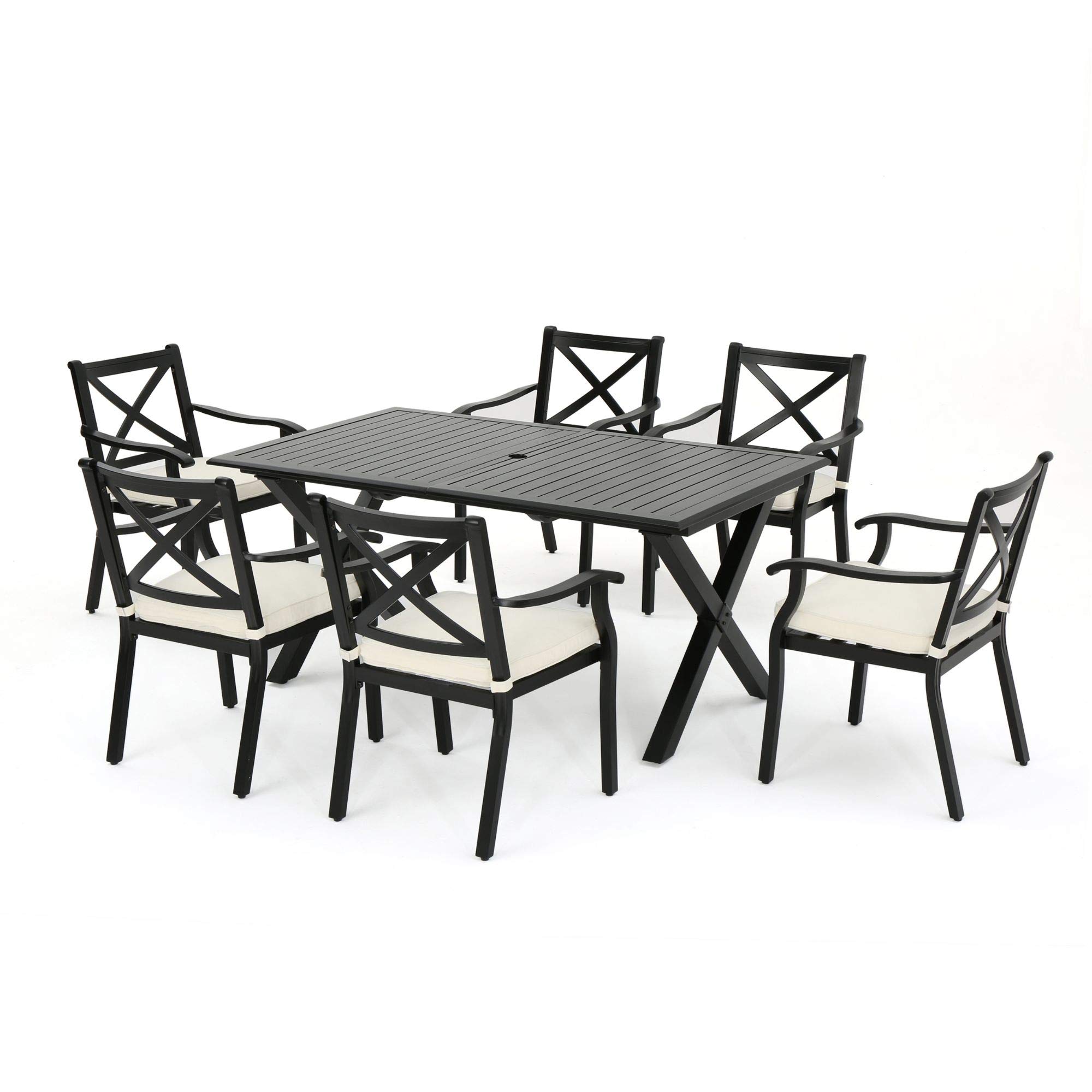 7-Piece Black Aluminum Outdoor Patio Dining Set with Expandable Table & Ivory Cushions - Modern Contemporary Furniture for Garden, Backyard, Poolside Dining & Entertaining
