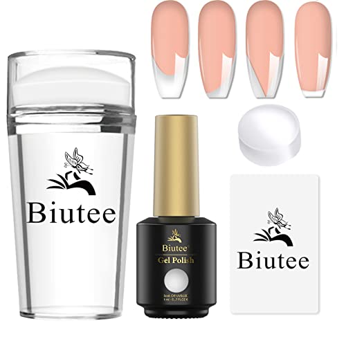 Biutee French Tip Nail Stamper Kit - 4 Piece Nail Art Stamping Set with White Gel Polish & Clear Silicone Stampers for DIY French Manicure | Professional Salon & Home Nail Art Tools for Beginners