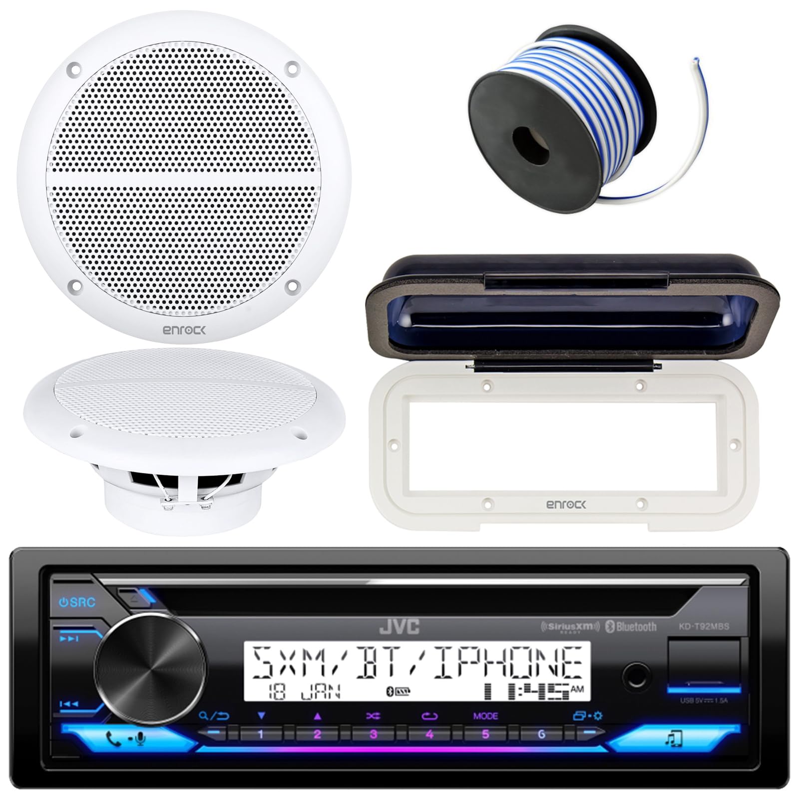 JVC In-Dash Marine Boat Bluetooth Radio USB CD Receiver Bundle with Enrock 6.5