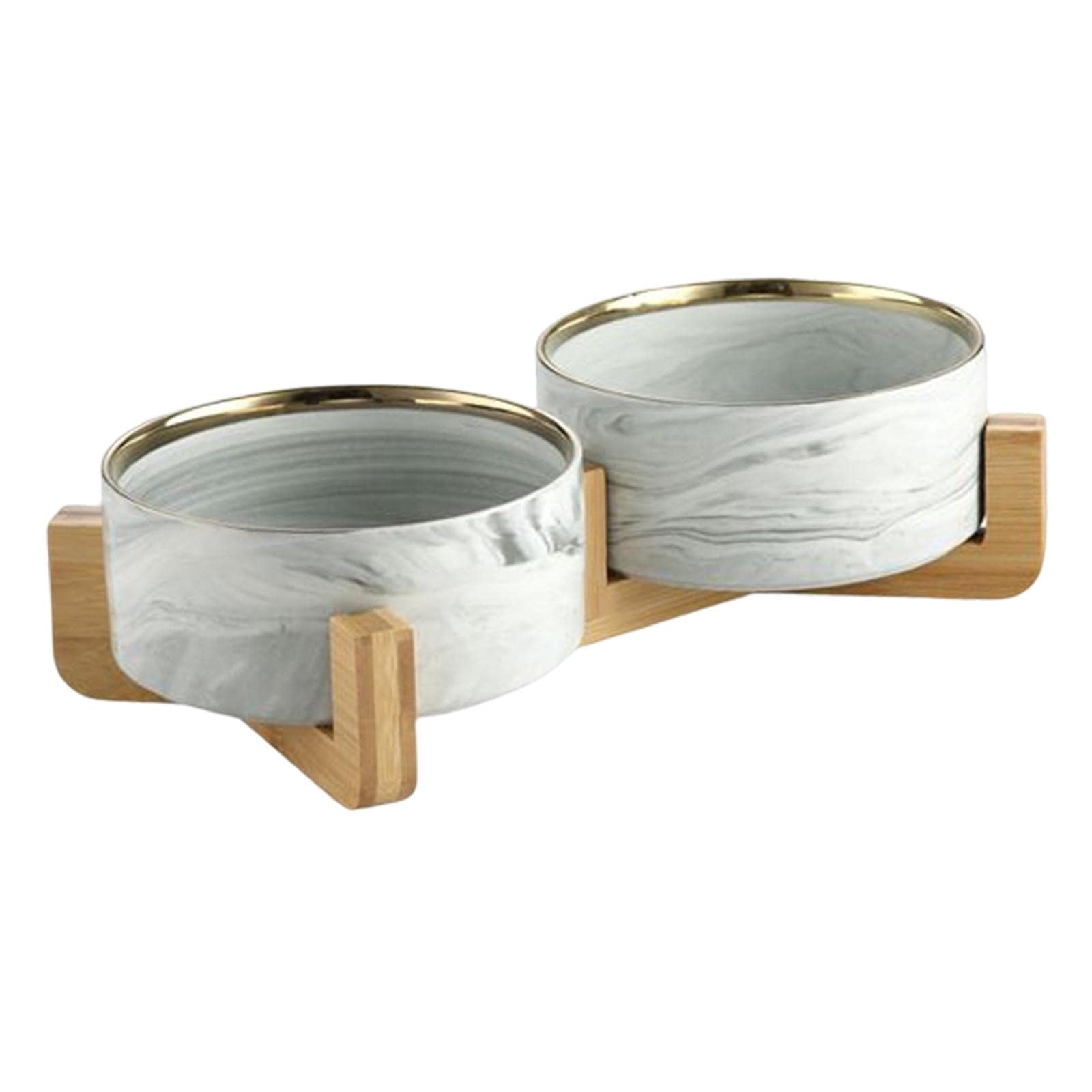 Premium Raised Ceramic Cat & Dog Bowls with Wooden Stand - Elevated Double Pet Food Dish, Easy-Clean Marble Pattern (Gray) - Perfect for Dining Areas & Pet Feeding Stations