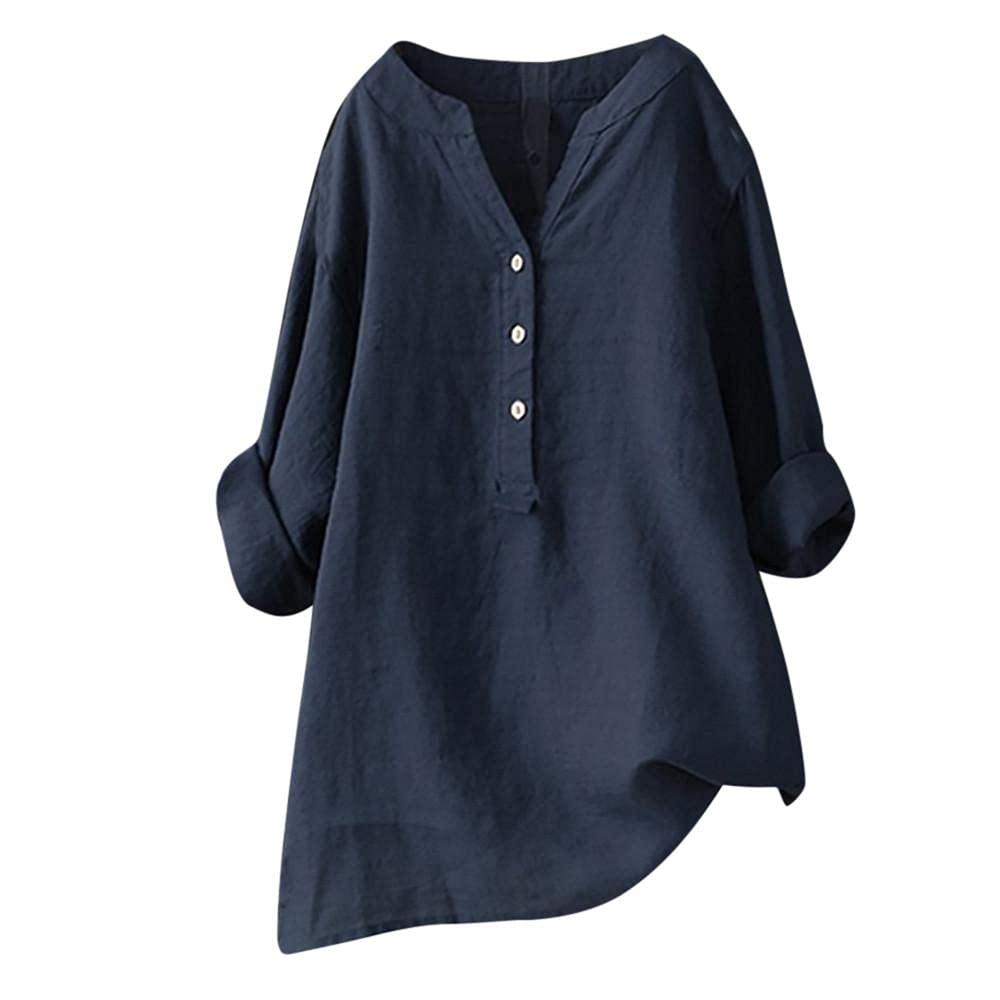 WUAI Women's 3/4 Sleeve V-Neck Cotton Linen T-Shirt - Plus Size Casual Summer Top, Loose Button Up Blouse for Going Out, Office Wear & Vacation Outfits