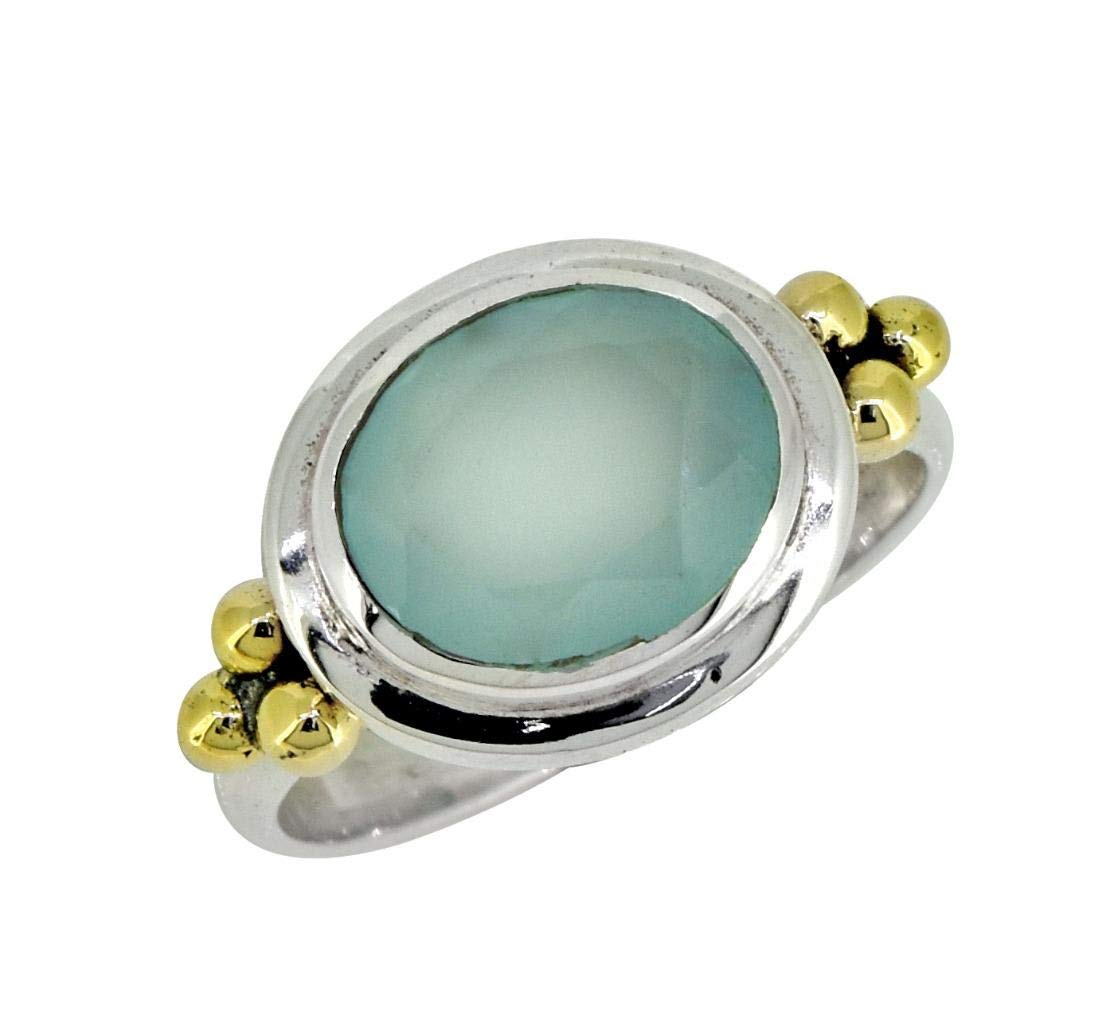 YoTreasure 925 Sterling Silver 10x12mm Aqua Chalcedony Solitaire Ring with Brass Accents - Elegant Jewelry for Women, Perfect for Weddings, Anniversaries & Special Occasions