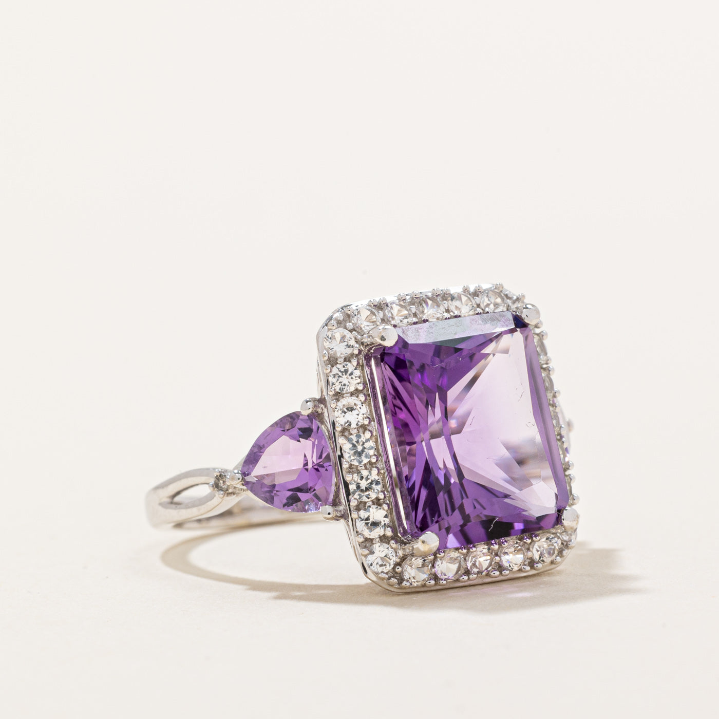 Amethyst & Synthetic White Sapphire Halo Ring - 5.00ctw Center Stone, 0.50ctw Accents - Size 6.25 - Elegant Wedding, Engagement & Anniversary Jewelry Gift for Women