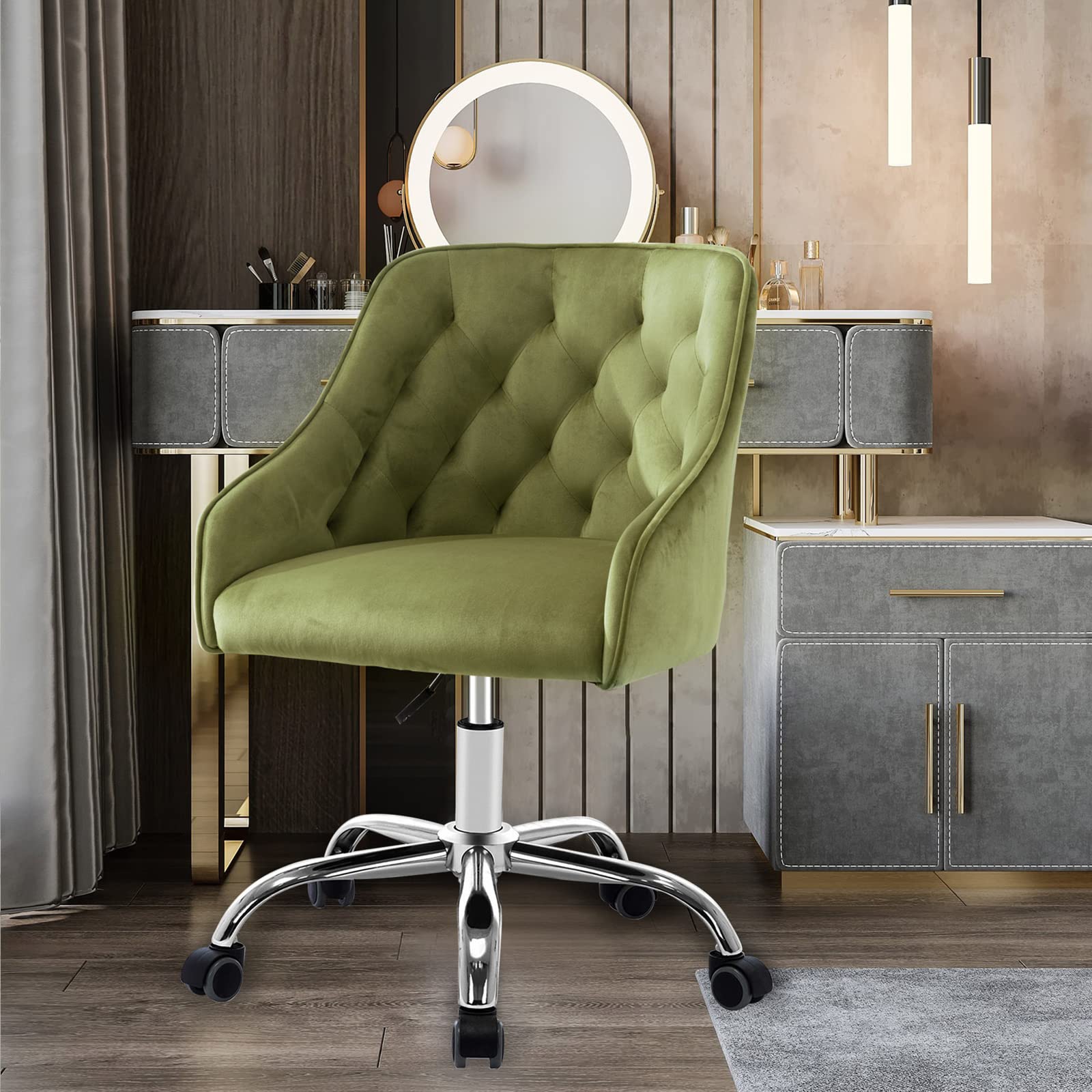 SSLine Velvet Home Office Chair - Modern Swivel Desk Chair with Wheels & Arms, Ergonomic Study Chair for Home, Living Room, Bedroom - Soft Green Velvet Upholstery (Perfect for Remote Work, Gaming & Relaxation)