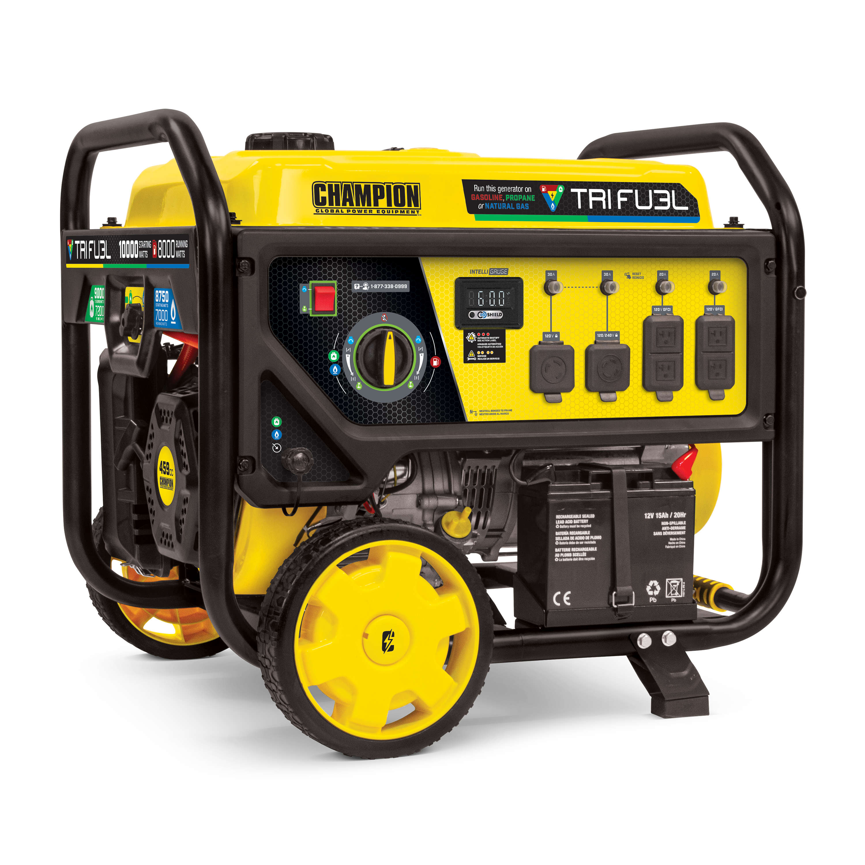 Champion 100416 9200W/11500W Tri-Fuel Portable Generator - Electric Start, Gas/Propane/Natural Gas Powered - Ideal for Home Backup, Camping & Emergency Power Supply