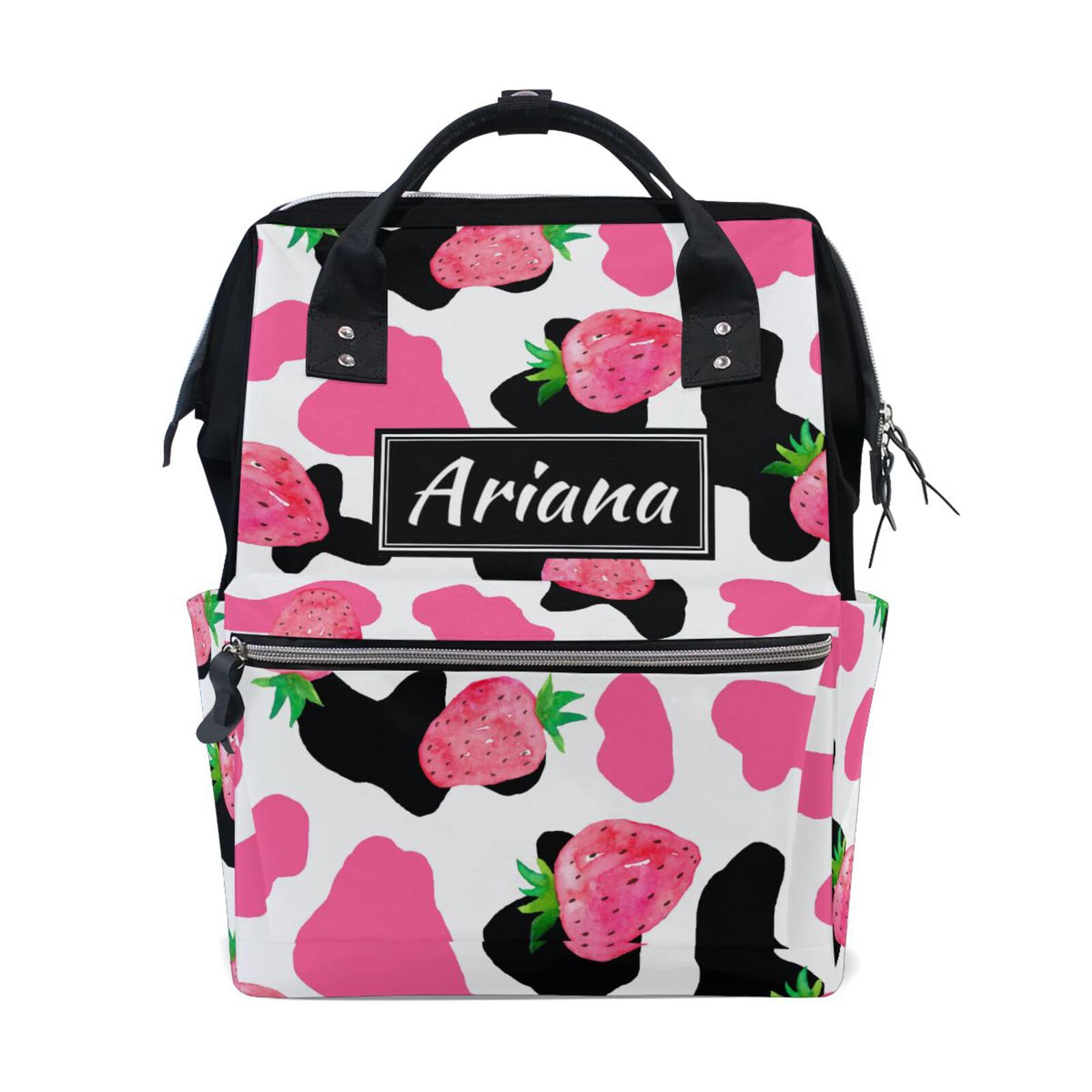 Custom Cow Strawberry Diaper Backpack - Large Capacity Personalized Baby Bag for Moms & Dads - Waterproof Nappy Bag with Multiple Pockets for Travel, Daycare & Outings