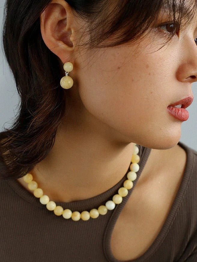Elegant Beige Yellow Jade Double Ball Earrings for Women – Perfect for Weddings, Parties & Everyday Wear