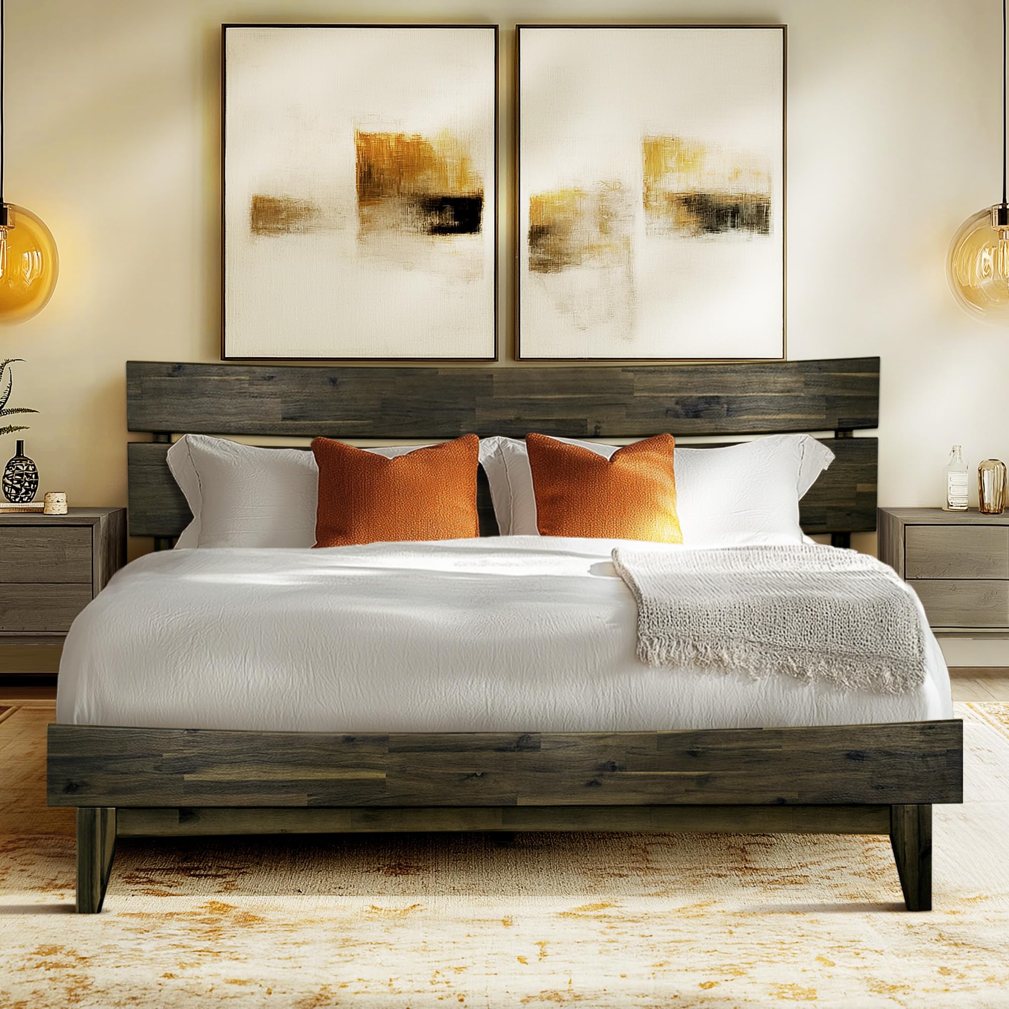 Acacia Aurora Queen Bed Frame with Solid Wood Headboard - Contemporary Platform Bed for Queen Size Mattress | Non-Slip, Noise-Free Design | Easy Assembly in Mocha Finish | Perfect for Modern Bedrooms, Guest Rooms & Master Suites