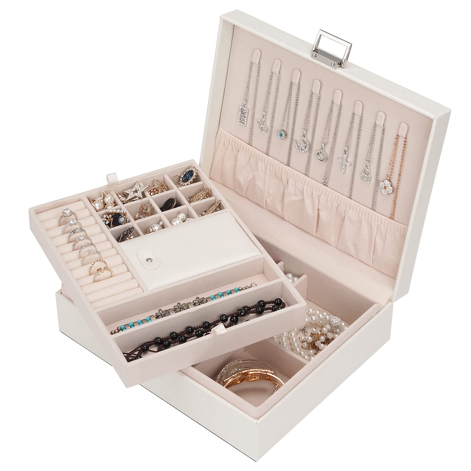 Double Layer Large Jewelry Organizer Box for Women & Girls - Travel Jewelry Case with Mirror & Gift Box (White) - Perfect for Home Storage, Travel & Gifting