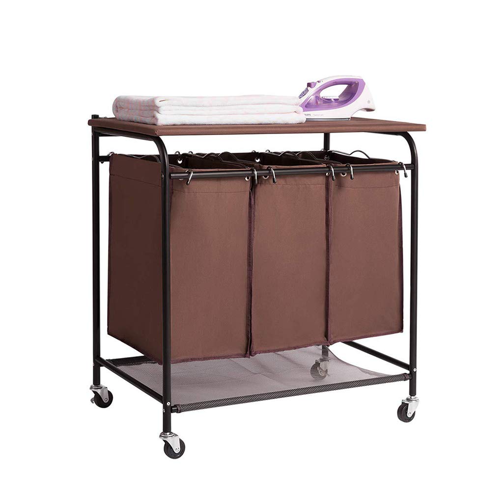 Foldable Ironing Board Storage Cart with 3-Compartment Oxford Cloth Basket & Pulley - Heavy Duty Metal Tube Laundry Organizer for Clothes, Towels & Household Items - Perfect for Small Spaces, Laundry Rooms & Closet Organization