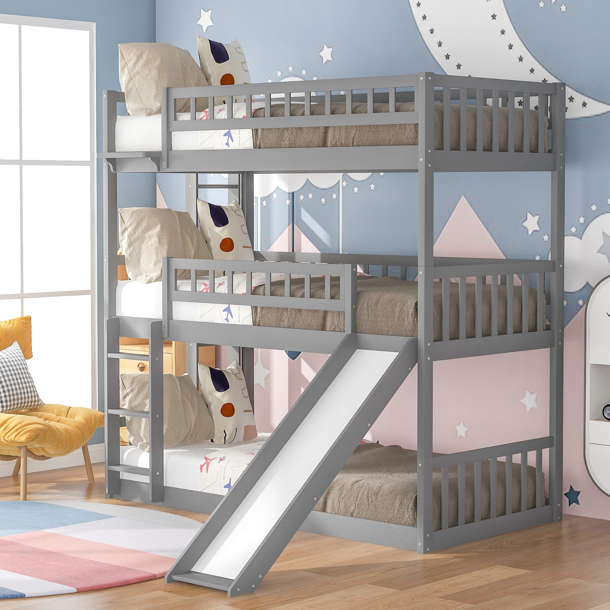 Twin Over Twin Over Twin Triple Bunk Bed with Slide & Guardrails - Wooden 3-Tier Bunk Bed for Teens & Adults - Converts to 3 Separate Twin Beds - No Box Spring Required - Space-Saving Gray Bedroom Furniture - Perfect for Kids' Rooms, Dormitories & Vacation Homes