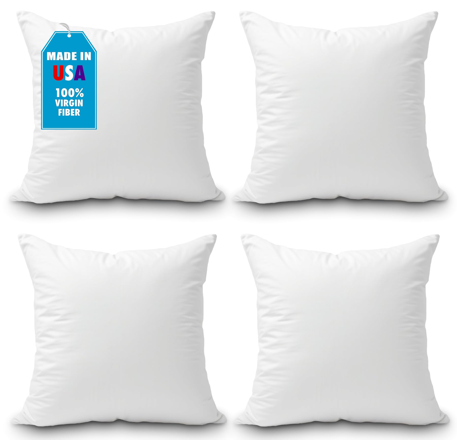 Foamily 18x18 Inch Hypoallergenic Throw Pillow Inserts (Set of 4) - 100% Virgin Fiber Made in USA for Sofa, Bed & Couch - Soft Decorative Indoor Pillows for Living Room, Bedroom & Home Decor