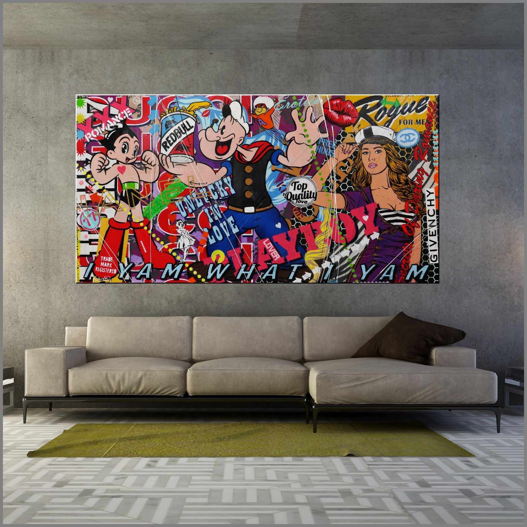 Popeye Textured Urban Pop Art Painting - 190cm x 100cm Large Wall Decor | Perfect for Living Room, Bedroom, or Office