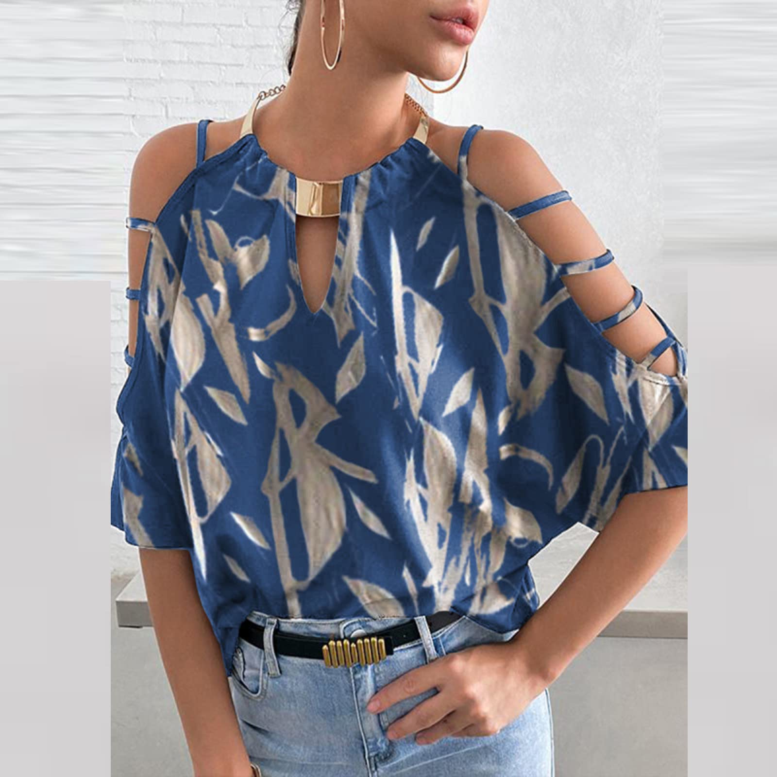 2022 New Women's Casual Printed Half Sleeve Pullover Blouse - Sexy Halter Neck Off Shoulder T-Shirt Tops for Summer Outfits, Beach Wear & Date Night Fashion