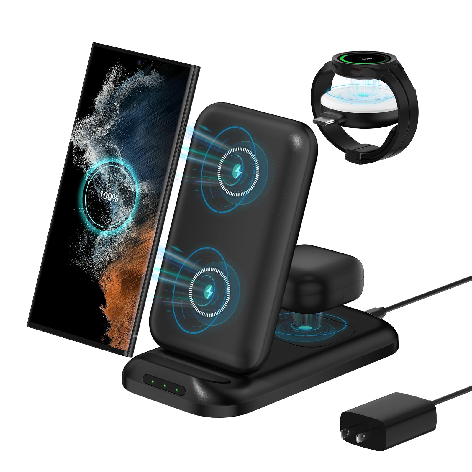 3-in-1 Wireless Charging Station for Samsung - Fast Qi Charger for Galaxy Watch Ultra/7/6/5/4, S24/S23/S22/S21 Series, Z Fold/Flip 6/5/4/3 & Buds | Perfect for Home, Office & Travel Charging