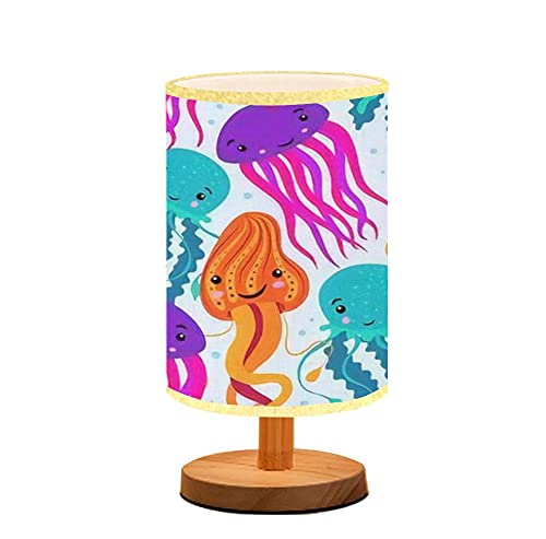 Jellyfish Blue Purple Orange Minimalist Wooden Nightstand Lamp with Flaxen Fabric Shade - Bedside Table Light for Bedroom, Living Room & Nursing - Perfect for Reading, Breastfeeding & Creating Cozy Ambiance