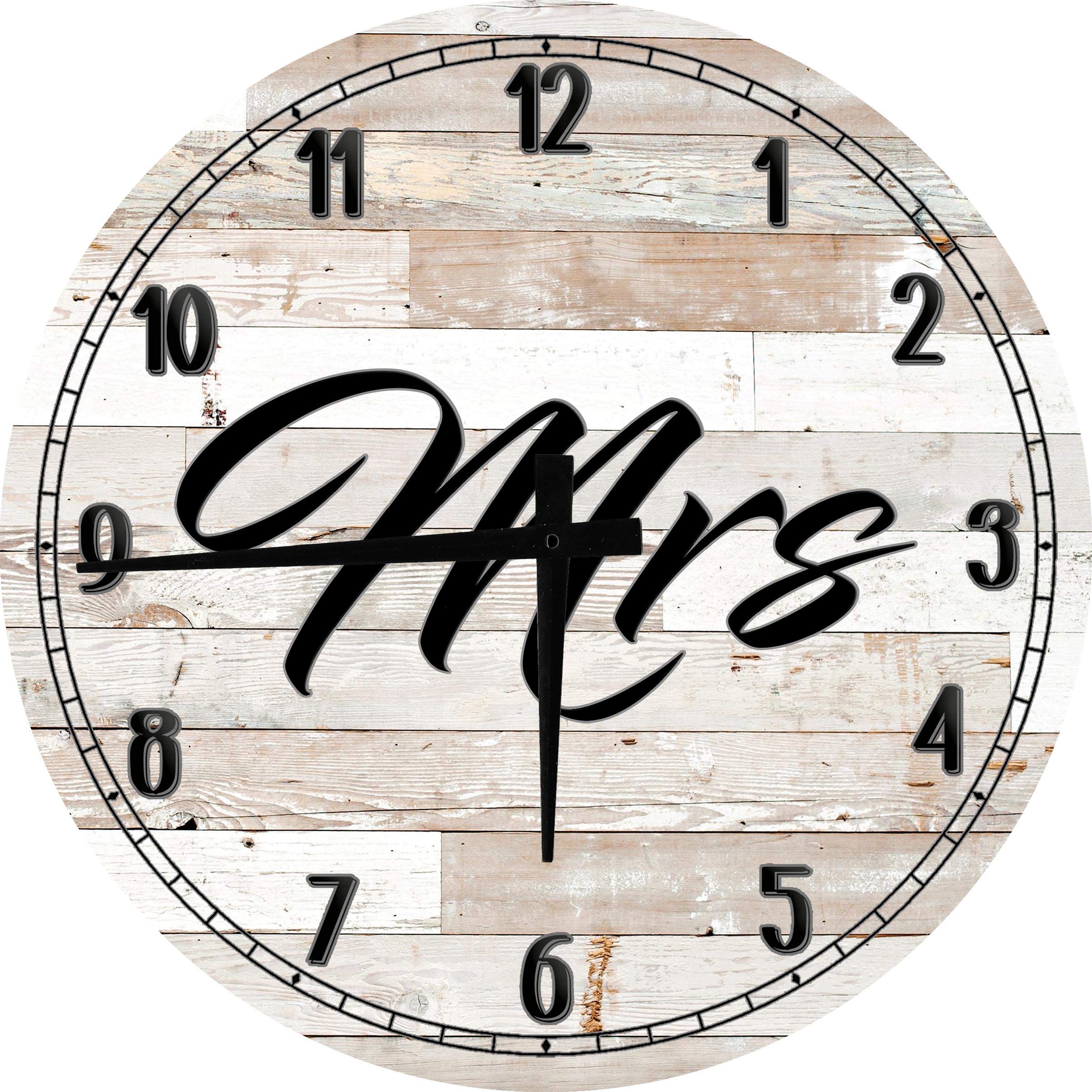 Mrs Marriage Wife Bride Groom Wedding Large Round Wood Wall Clock Decor 12 Inch White - Perfect for Home, Office, and Event Venue Decoration