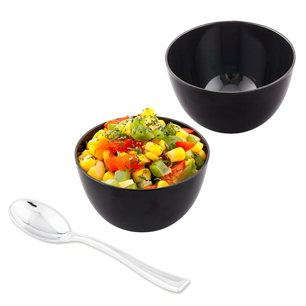 100 Pack 4 oz Round Black Plastic Disposable Cups with 100 Silver Mini Plastic Spoons - Perfect for Bodegas, Parties, and Takeout Drinks