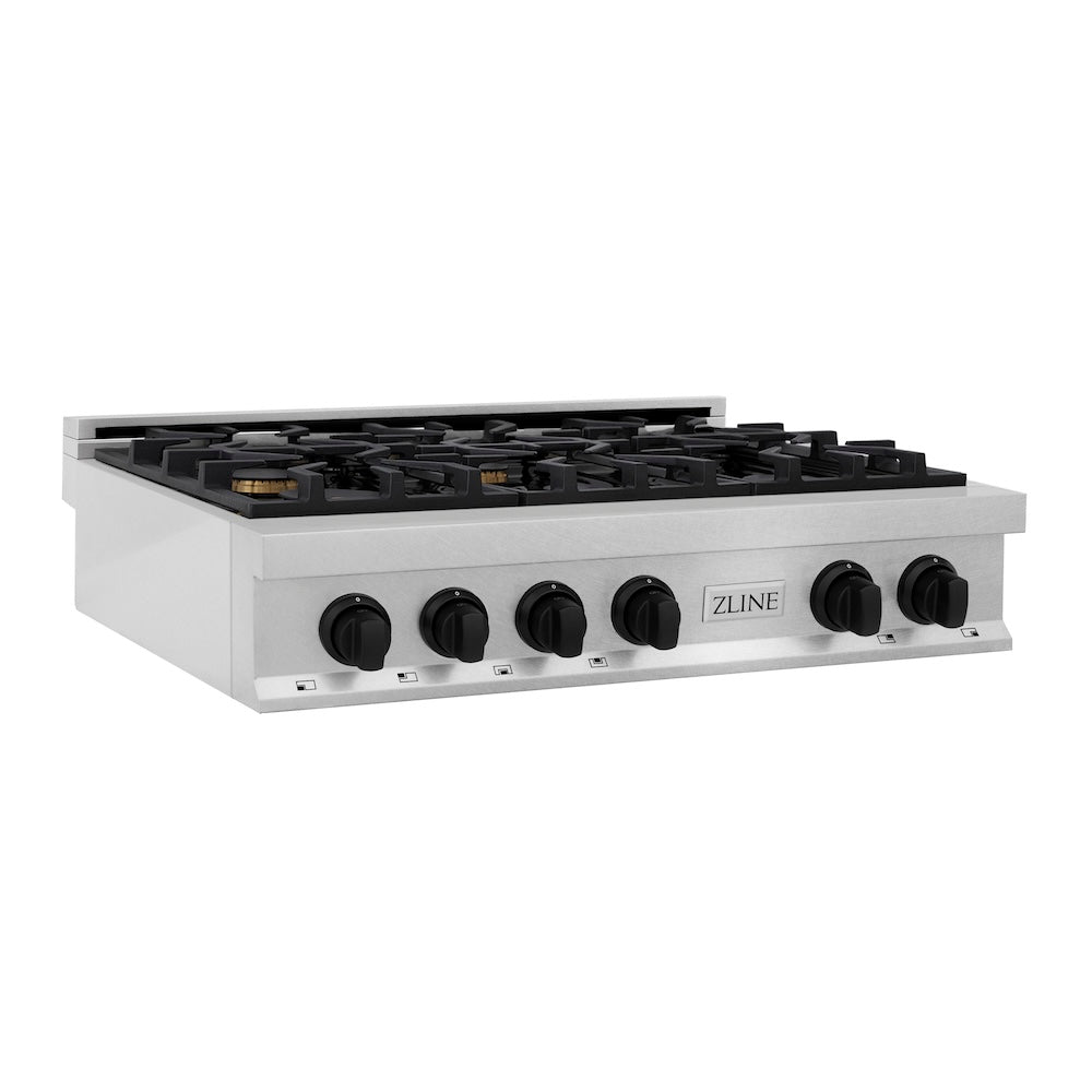 ZLINE Autograph Edition 36 Inch 6-Burner Gas Rangetop - Satin Stainless Steel with Matte Black Accents - Porcelain Cooktop - Professional Grade Stove for Home Chefs (RTSZ 36 MB) - Perfect for Gourmet Cooking, Entertaining & Modern Kitchens