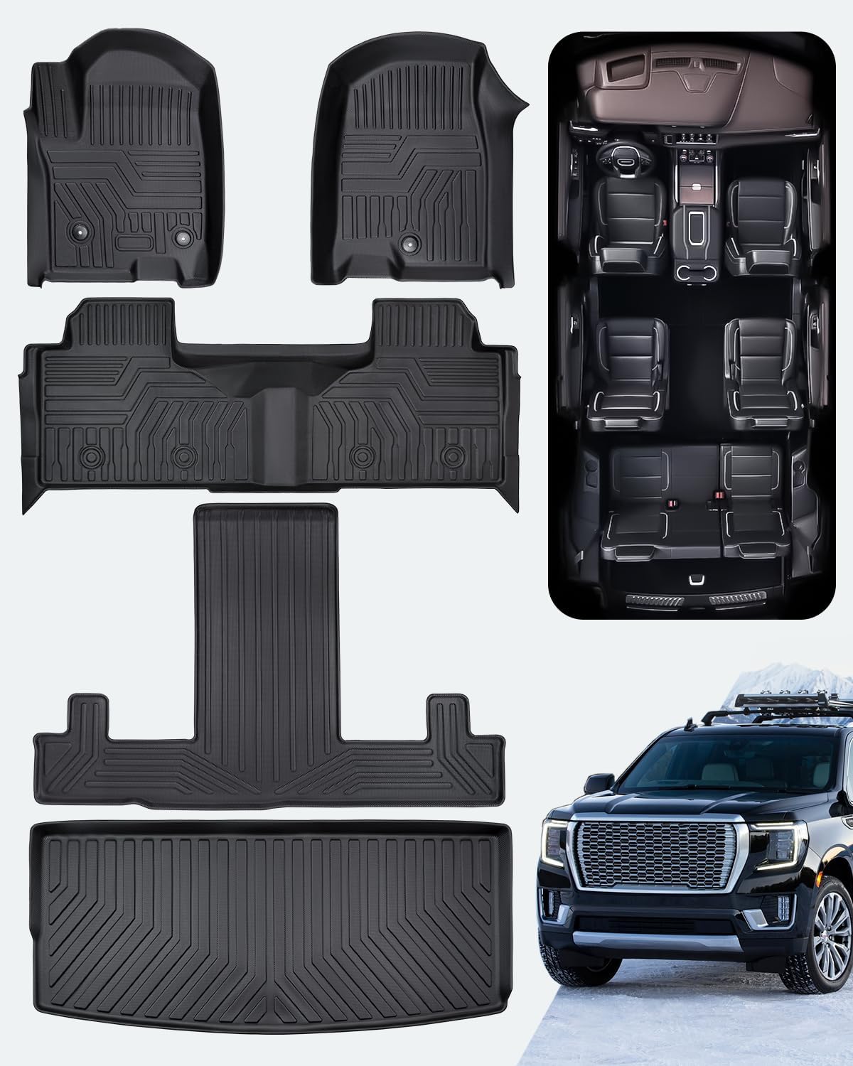 Premium Custom Fit All-Weather TPE Floor Mats & Cargo Liner Set for 2021-2024 Chevrolet Tahoe & GMC Yukon - Heavy Duty Protection with 2nd Row Bucket Seats | Perfect for Road Trips, Family Adventures & Off-Road Driving