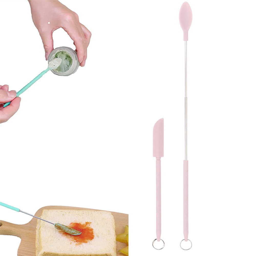 Mini Silicone Telescopic Spatula - 2 Pack Reusable Makeup & Food Scraper - Small Thin Jar Spatula for Cosmetics, Kitchen & Beauty - Perfect for Creams, Jars, Bottles & Tight Spaces (Pink)
