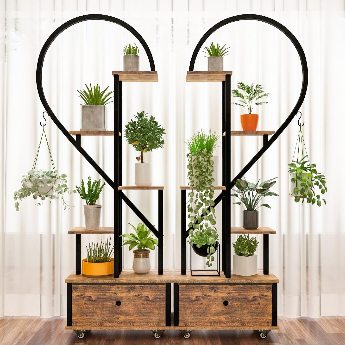 5-Tier Tall Metal Plant Stand Indoor with Wheels & Hanging Hooks - Rustic Brown Heart-Shaped Farmhouse Plant Shelf for Living Room, Balcony, Garden - Perfect for Small Space Decor & Vertical Gardening (2 Pack)