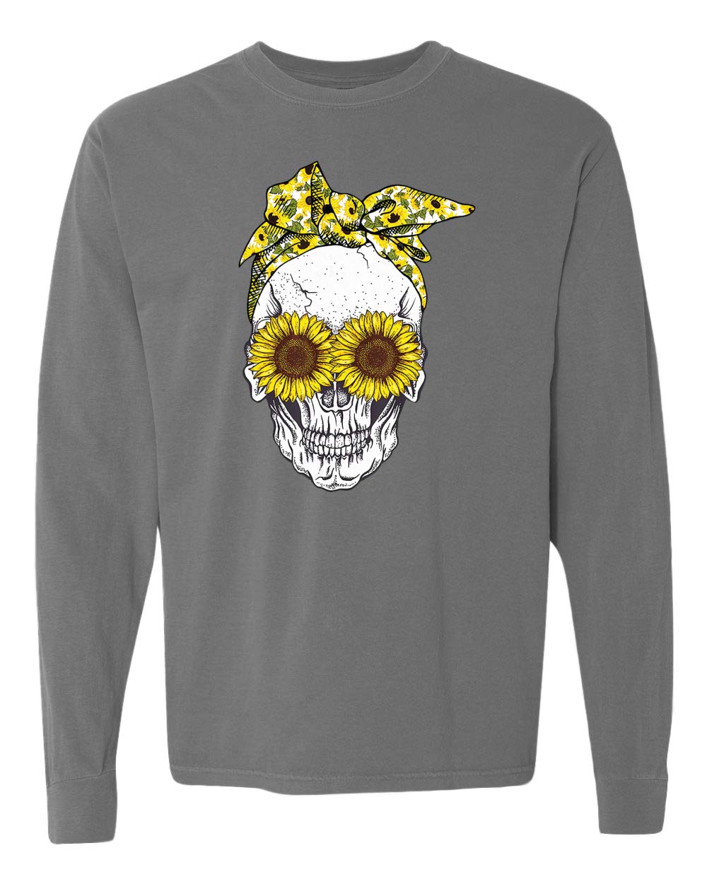 Wild Bobby Skull Sunflower Skeleton Bandana Streetwear Long Sleeve T-Shirt - Garment-Dyed Washed Vintage Look for Men & Women | Perfect for Halloween, Concerts, and Urban Fashion Outfits
