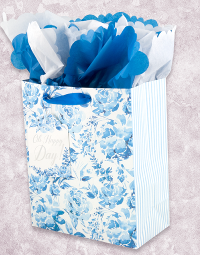 Blue Porcelain Roses Gift Bags - Elegant Floral Gift Packaging for Weddings, Anniversaries & Garden Parties