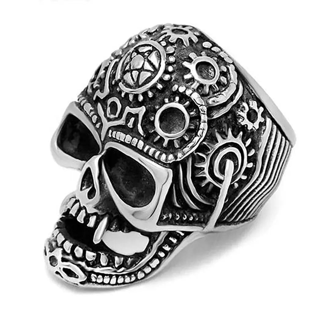 GoSteel Men's Gearhead Skull Ring - Stainless Steel Gothic Punk Jewelry for Bikers & Rock Fans - Perfect for Motorcycle Rides, Concerts & Edgy Fashion