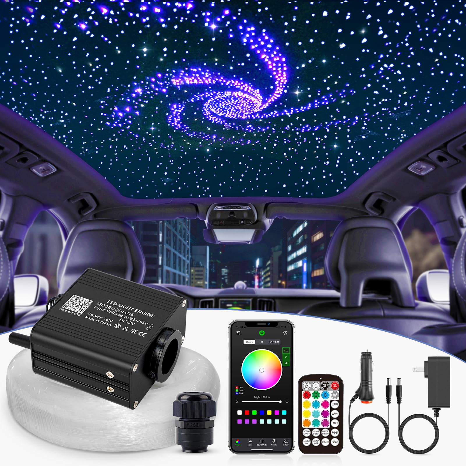16W Twinkle Starlight Headliner Kit - 500pcs Fiber Optic Strands (0.03+0.04+0.06in x 9.8ft) with Bluetooth APP/Remote/Music Control, RGBW Star Ceiling Light Kit + Adapter + Car Plug - Perfect for Bedroom, Car Interior, Home Theater & Party Decor Lighting