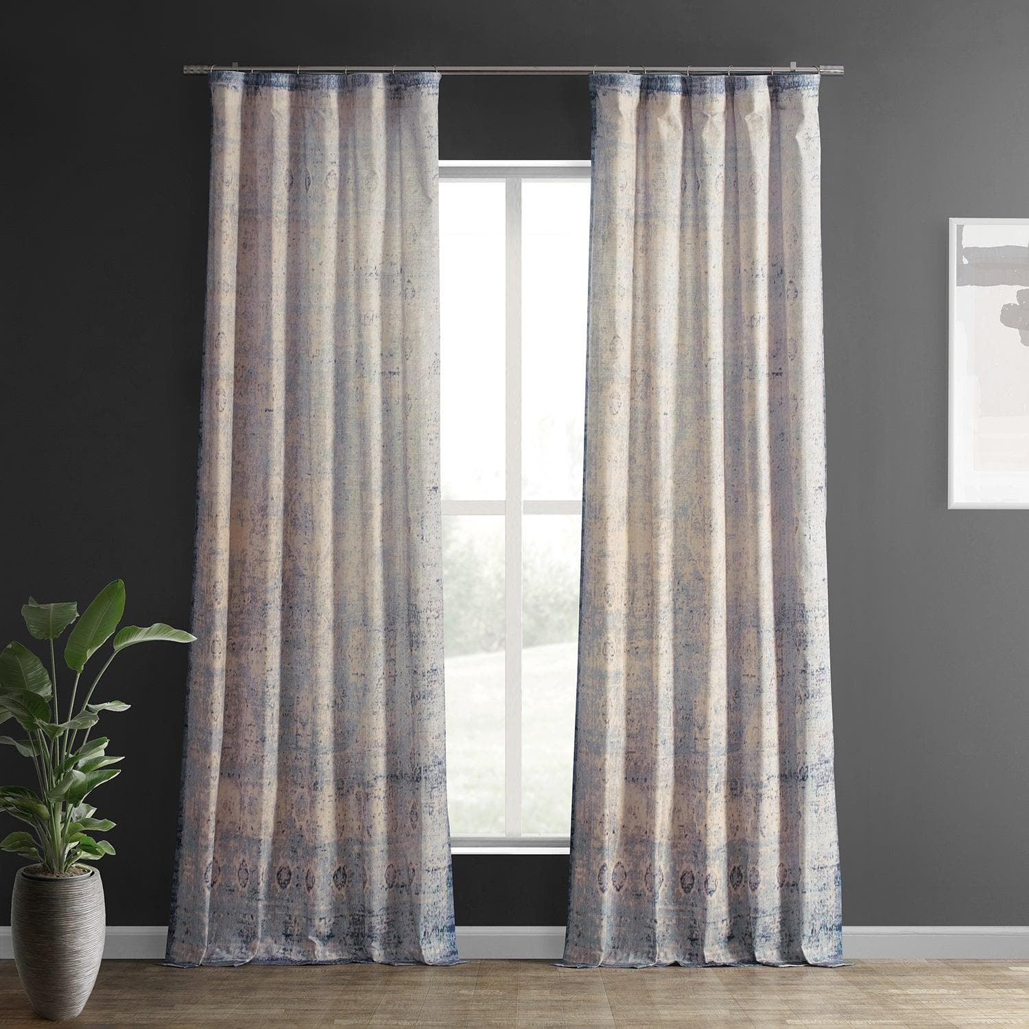 Beige Abstract Textured Printed Cotton Curtains for Living Room & Bedroom - Coastal Beach Style Window Drapes